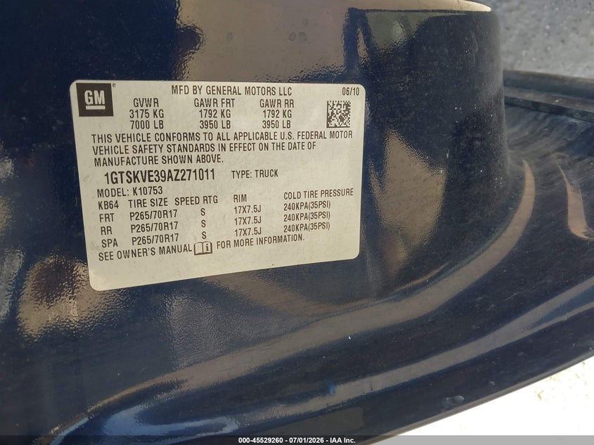 2010 Gmc Sierra 1500 VIN 1GTSKVE39AZ271011 IAAI salvage auction — NORMAL WEAR, Clear-Endorsement (Wisconsin), sold $400 on 2026-07-09 (photo 9)