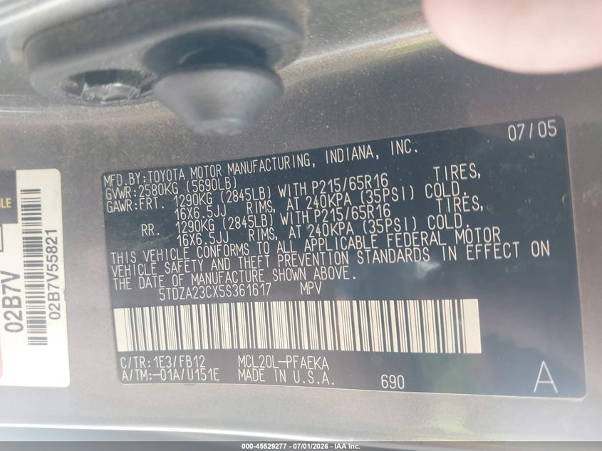 2005 Toyota Sienna VIN 5TDZA23CX5S361617 IAAI salvage auction — NORMAL WEAR, Clear (Utah), sold $325 on 2026-07-09 (photo 9)