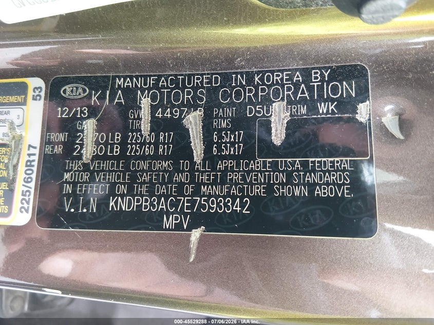2014 Kia Sportage VIN KNDPB3AC7E7593342 IAAI salvage auction — NORMAL WEAR, Clear (Louisiana), sold $1,250 on 2026-07-27 (photo 9)
