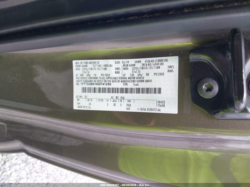 2019 Ford F-250 VIN 1FT7X2B61KEF41250 IAAI salvage auction — SIDE, SF97 (Virginia), sold $20,450 on 2026-07-22 (photo 9)