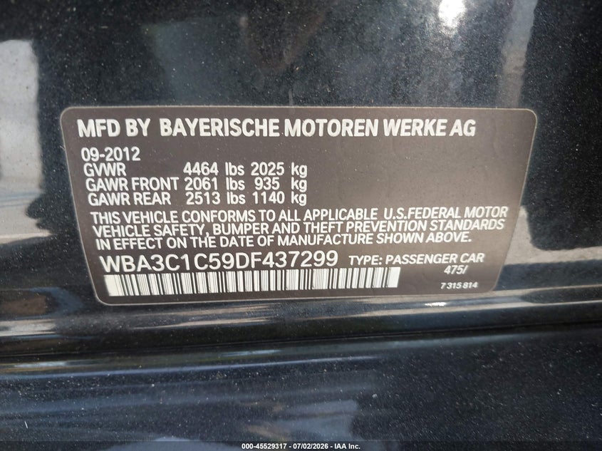 2013 BMW 3er VIN WBA3C1C59DF437299 IAAI salvage auction — FRONT END, Salvage Title, sold $950 on 2026-07-22 (photo 9)
