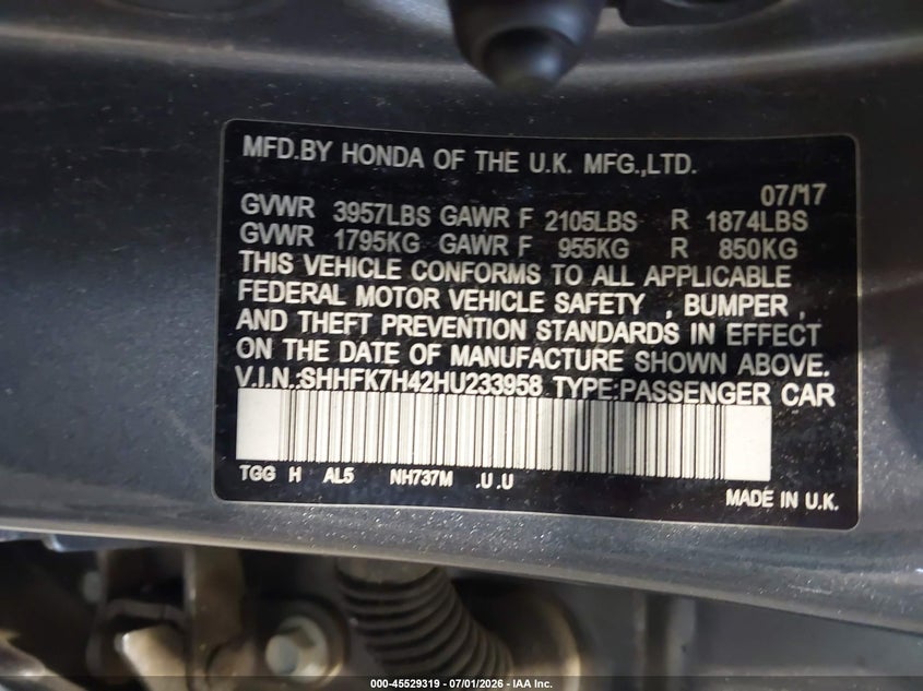 2017 Honda Civic VIN SHHFK7H42HU233958 IAAI salvage auction — FRONT END, Salvage - Greater Than 75% (Maryland), sold $1,750 on 2026-08-01 (photo 9)