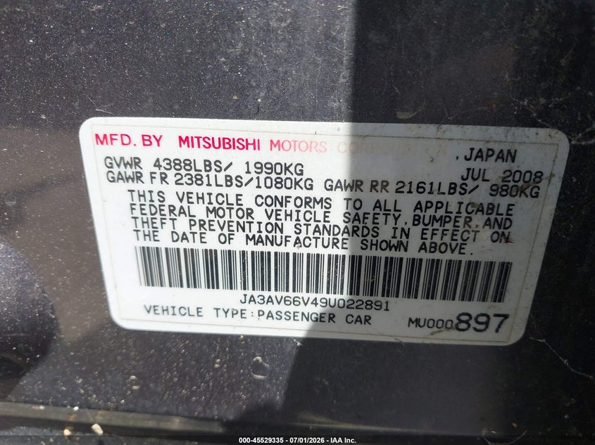 2009 Mitsubishi Lancer VIN JA3AV66V49U022891 IAAI salvage auction — FRONT END, Clear (Virginia), sold $1,450 on 2026-07-25 (photo 9)