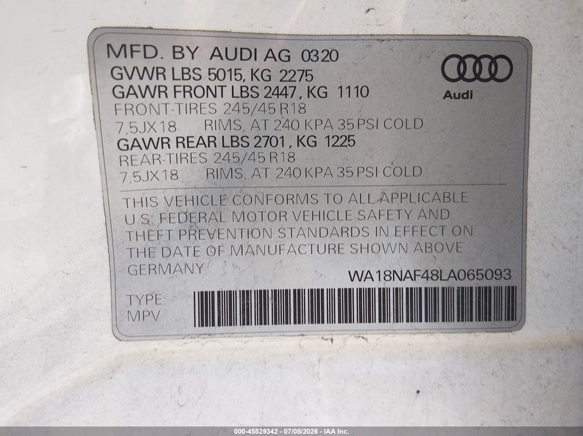 2020 Audi A4 allroad VIN WA18NAF48LA065093 IAAI salvage auction — REAR END, Salvage (Massachusetts), sold $10,800 on 2026-09-01 (photo 9)