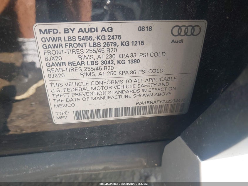 2018 Audi Q5 VIN WA1BNAFY2J2234475 IAAI salvage auction — NORMAL WEAR, Clear (New York), sold $8,600 on 2026-07-07 (photo 9)