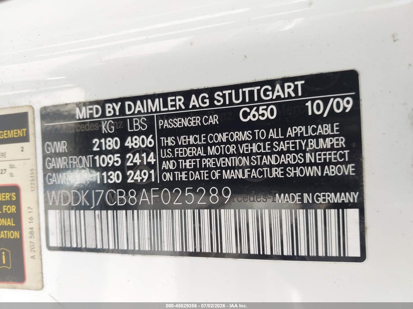 2010 Mercedes-benz E-class VIN WDDKJ7CB8AF025289 IAAI salvage auction — NORMAL WEAR, Clear (Florida), sold $2,350 on 2026-07-15 (photo 9)