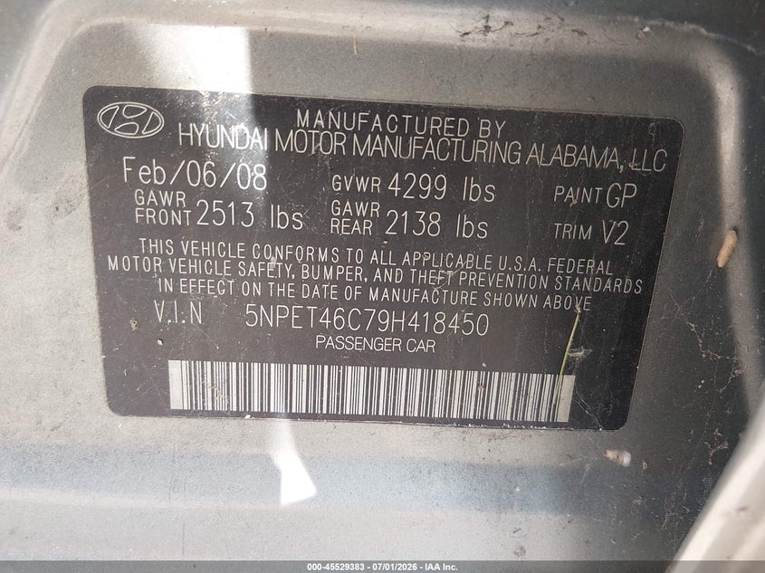 2009 Hyundai Sonata VIN 5NPET46C79H418450 IAAI salvage auction — NORMAL WEAR, Salvage (Texas), sold $125 on 2026-07-28 (photo 9)