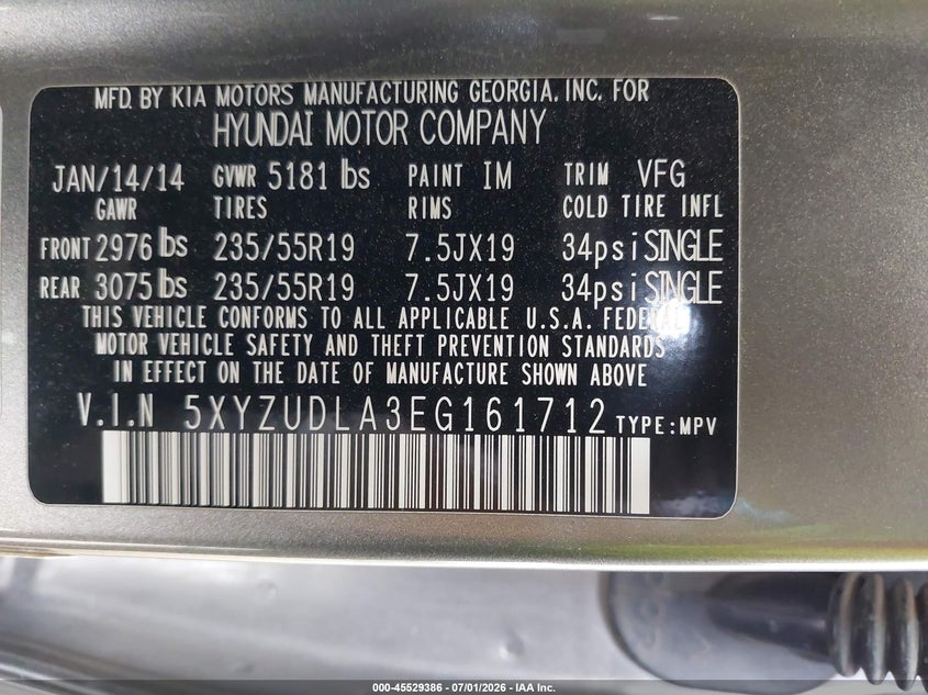 2014 Hyundai VIN 5XYZUDLA3EG161712 IAAI salvage auction — RIGHT FRONT, Salvage (Utah), sold $1,850 on 2026-07-29 (photo 9)
