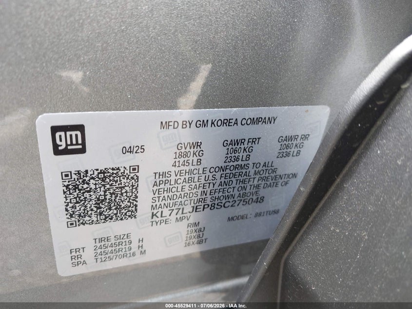 2025 Chevrolet Trax VIN KL77LJEP8SC275048 IAAI salvage auction — FRONT & REAR, Salvage (North Carolina), sold $6,000 on 2026-08-03 (photo 9)