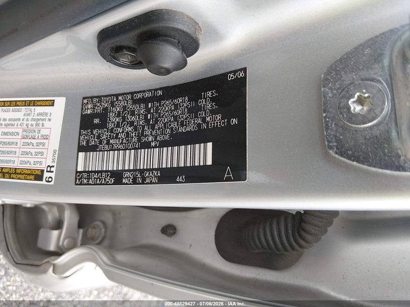 2006 Toyota 4runner VIN JTEBU17R960100741 IAAI salvage auction — FRONT END, Salvage - Greater Than 75% (Maryland), sold $4,500 on 2026-07-24 (photo 9)