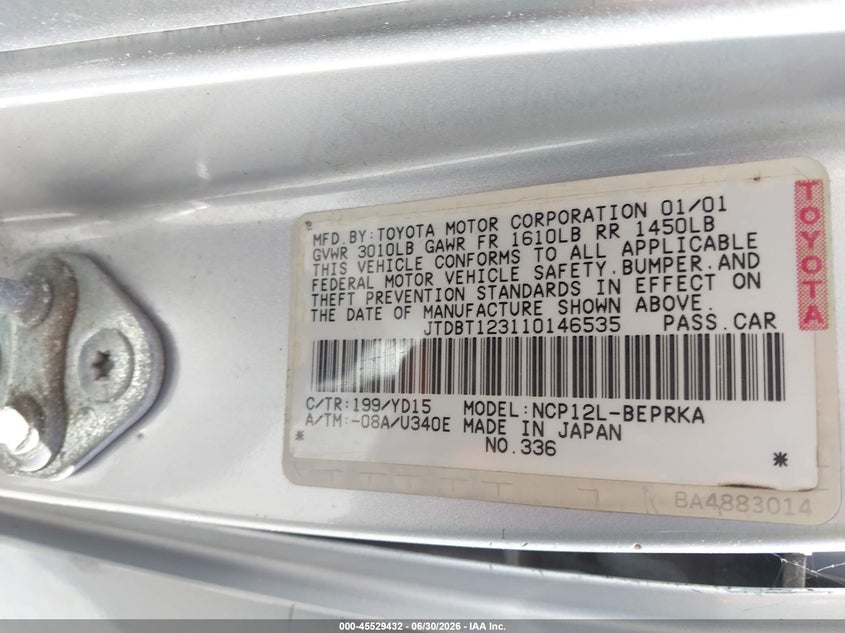 2001 Toyota Echo VIN JTDBT123110146535 IAAI salvage auction — LEFT SIDE, Salvage (California), sold $225 on 2026-07-30 (photo 9)