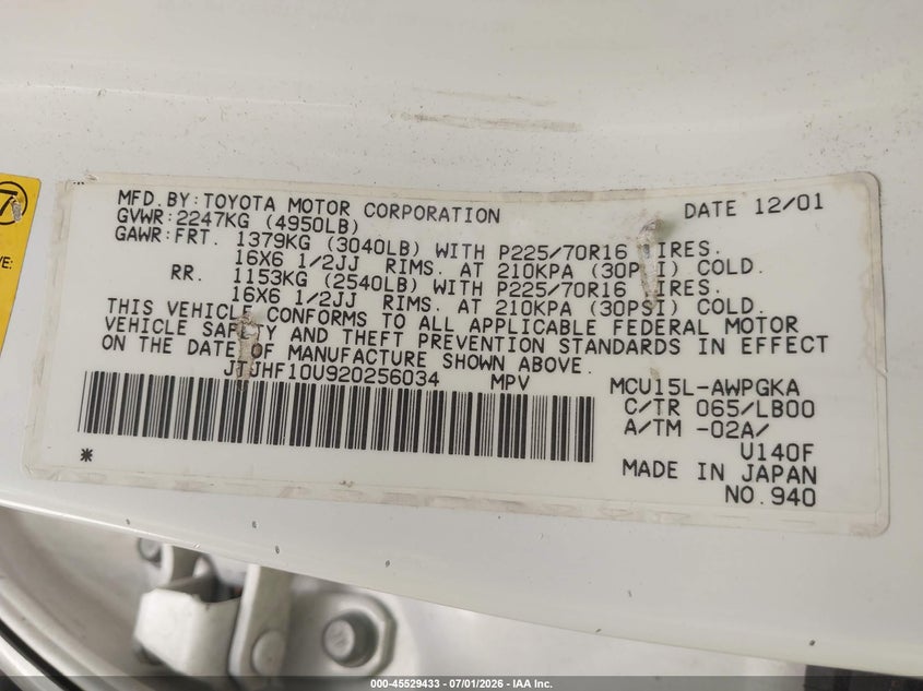 2002 Lexus Rx 300 VIN JTJHF10U920256034 IAAI salvage auction — NORMAL WEAR, Regular (Nevada), sold $650 on 2026-07-10 (photo 9)