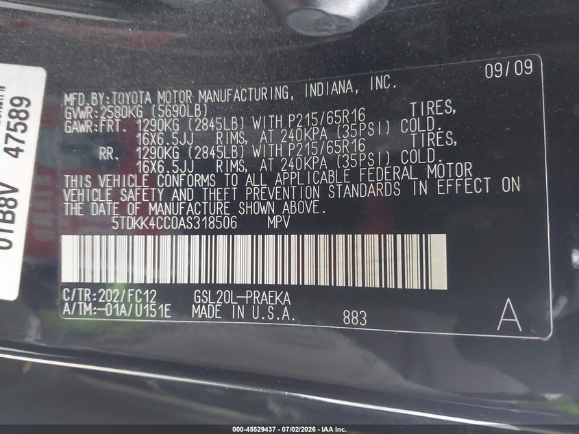 2010 Toyota Sienna VIN 5TDKK4CC0AS318506 IAAI salvage auction — FRONT END, Salvage (California), sold $1,650 on 2026-08-02 (photo 9)