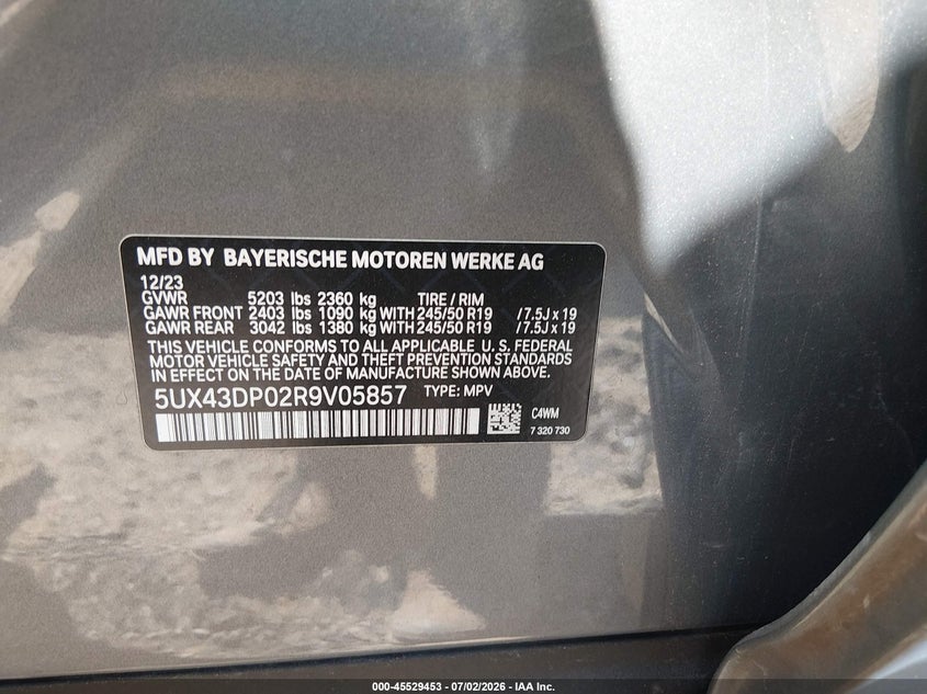 2024 BMW X3 VIN 5UX43DP02R9V05857 IAAI salvage auction — FRONT END, Salvage (North Carolina), sold $7,400 on 2026-07-30 (photo 9)