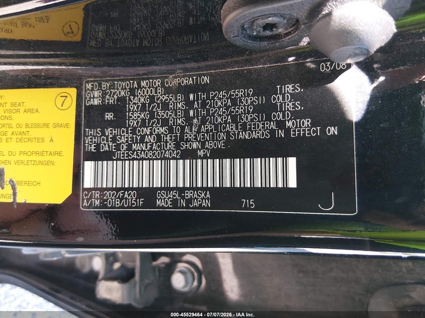 2008 Toyota Highlander VIN JTEES43A082074042 IAAI salvage auction — NORMAL WEAR, Regular Certificate (Iowa), sold $1,950 on 2026-07-20 (photo 9)
