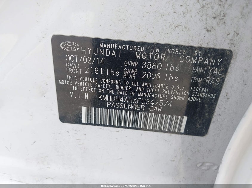 2015 Hyundai Elantra VIN KMHDH4AHXFU342574 IAAI salvage auction — NORMAL WEAR, Clear (Kansas), sold $1,050 on 2026-07-15 (photo 9)