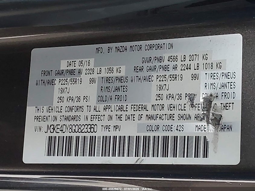 2016 Mazda Cx-5 VIN JM3KE4DY8G0823360 IAAI salvage auction — REAR END, Bill Of Sale (Washington), sold $2,300 on 2026-07-22 (photo 9)