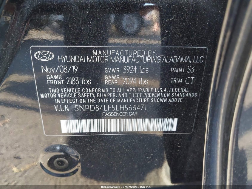 2020 Hyundai Elantra VIN 5NPD84LF5LH566471 IAAI salvage auction — LEFT FRONT, Salvage Certificate (California), sold $2,650 on 2026-07-24 (photo 9)