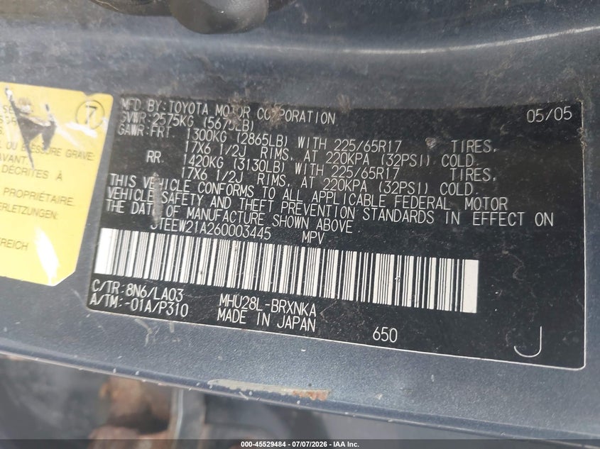 2006 Toyota Highlander hybrid VIN JTEEW21A260003445 IAAI salvage auction — NORMAL WEAR, Clear (Pennsylvania), sold $300 on 2026-07-21 (photo 9)
