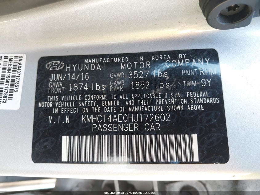 2017 Hyundai Accent VIN KMHCT4AE0HU172602 IAAI salvage auction — NORMAL WEAR, Salvage Title, sold $700 on 2026-07-29 (photo 9)