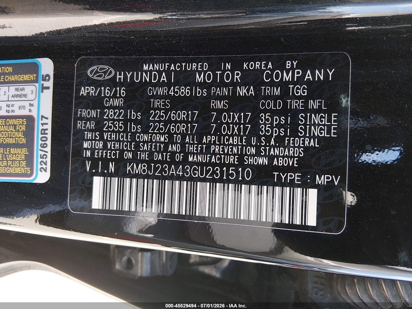 2016 Hyundai Tucson VIN KM8J23A43GU231510 IAAI salvage auction — REAR END, Salvage Title, sold $3,150 on 2026-07-20 (photo 9)