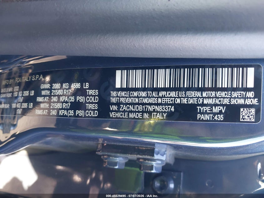 2022 Jeep Renegade VIN ZACNJDB17NPN83374 IAAI salvage auction — LEFT FRONT, Salvage Title, sold $4,000 on 2026-07-31 (photo 9)