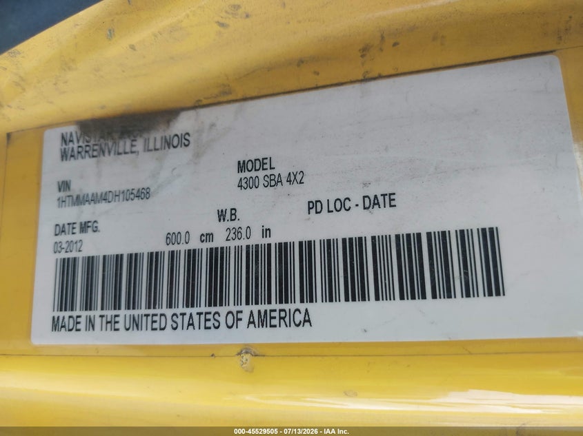 2013 International VIN 1HTMMAAM4DH105468 IAAI salvage auction — NORMAL WEAR, Wait Title, sold $75 on 2026-09-08 (photo 8)