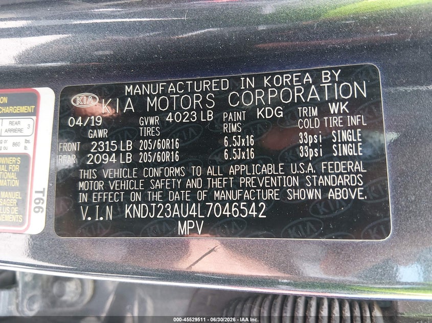 2020 Kia Soul VIN KNDJ23AU4L7046542 IAAI salvage auction — LEFT FRONT, Clear (Louisiana), sold $1,550 on 2026-07-13 (photo 9)