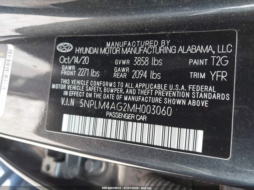 2021 Hyundai Elantra VIN 5NPLM4AG2MH003060 IAAI salvage auction — FRONT & REAR, Salvage Title, sold $2,850 on 2026-07-28 (photo 9)