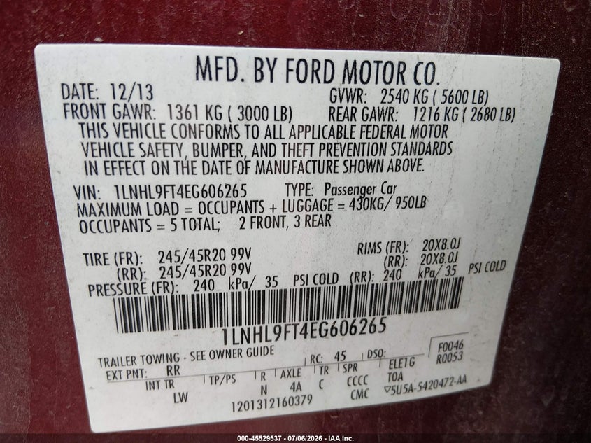2014 Lincoln Mks VIN 1LNHL9FT4EG606265 IAAI salvage auction — LEFT FRONT, Salvage (Missouri), sold $950 on 2026-07-26 (photo 9)