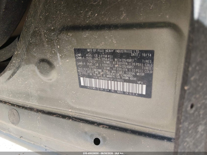 2015 Subaru Outback VIN 4S4BSBDC3F3239855 IAAI salvage auction — ALL OVER, Non-Repairable (Arizona), sold $25 on 2026-07-09 (photo 9)