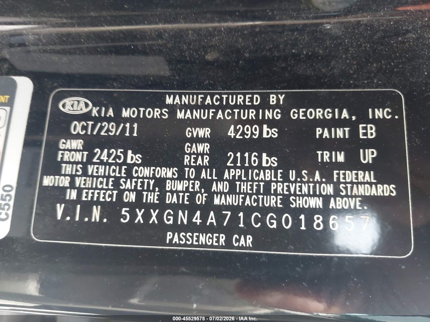 2012 Kia Optima VIN 5XXGN4A71CG018657 IAAI salvage auction — NORMAL WEAR, Original (Texas), sold $650 on 2026-07-22 (photo 9)