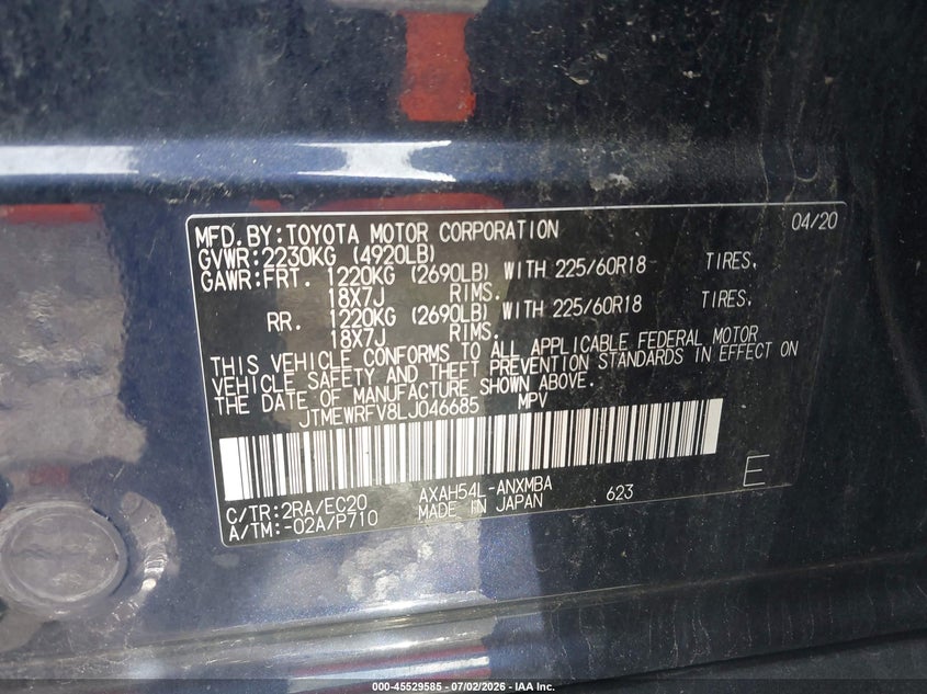 2020 Toyota Rav 4 VIN JTMEWRFV8LJ046685 IAAI salvage auction — FRONT END, Salvage Title, sold $11,300 on 2026-07-30 (photo 9)