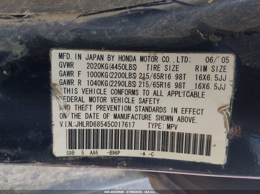 2005 Honda Cr-v VIN JHLRD68545C017617 IAAI salvage auction — SIDE, Salvage (Mississippi), sold $525 on 2026-07-30 (photo 9)