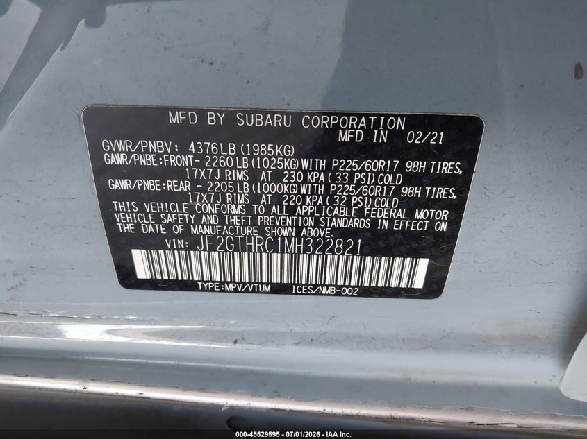 2021 Subaru VIN JF2GTHRC1MH322821 IAAI salvage auction — SIDE, Salvage Title, sold $6,150 on 2026-07-23 (photo 9)