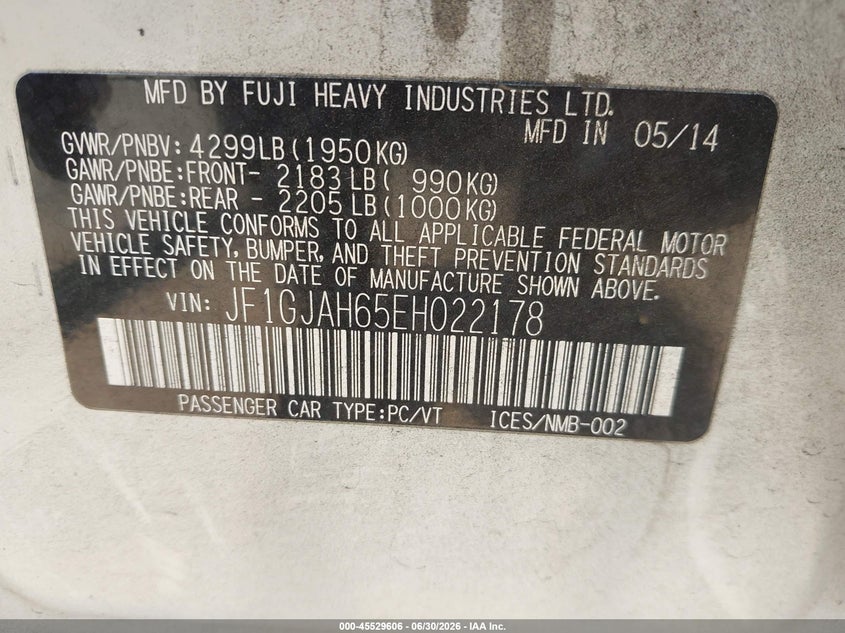 2014 Subaru Impreza VIN JF1GJAH65EH022178 IAAI salvage auction — NORMAL WEAR, Clear - Dealer Only (California), sold $1,200 on 2026-07-15 (photo 9)