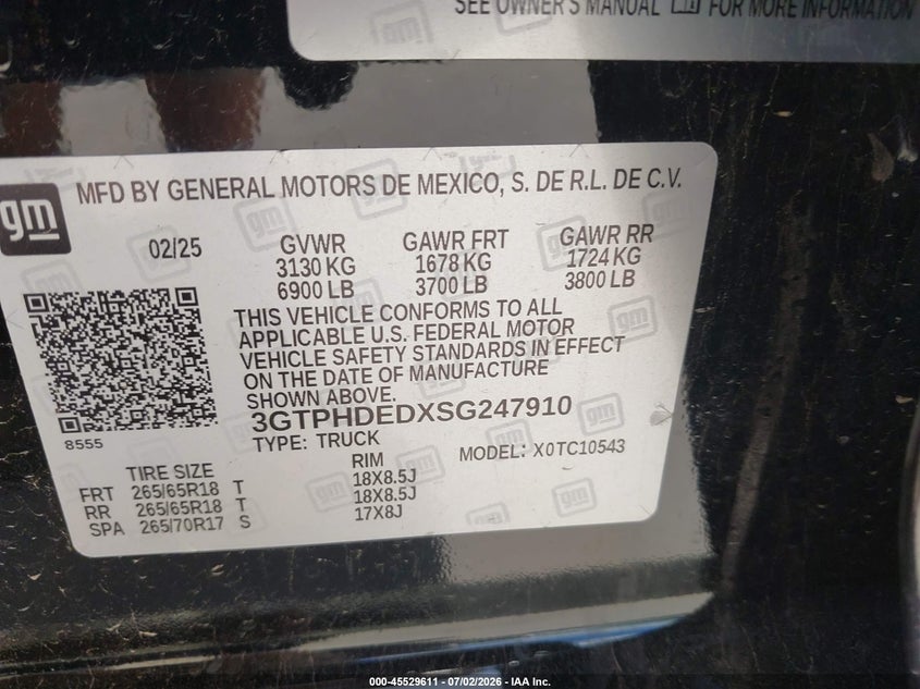 2025 Gmc SIERRA VIN 3GTPHDEDXSG247910 IAAI salvage auction — SIDE, Enterprise Vehicles Clear Only (Texas), sold $32,300 on 2026-07-07 (photo 9)