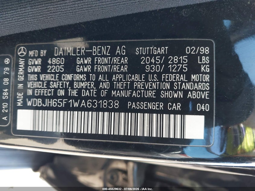 1998 Mercedes-benz E-class VIN WDBJH65F1WA631838 IAAI salvage auction — NORMAL WEAR, Clear (Washington), sold $1,575 on 2026-07-15 (photo 9)