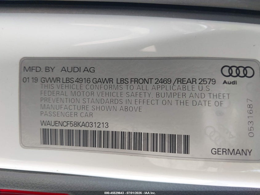 2019 Audi A5 VIN WAUENCF58KA031213 IAAI salvage auction — LEFT FRONT, Clear (Wisconsin), sold $6,900 on 2026-07-28 (photo 9)
