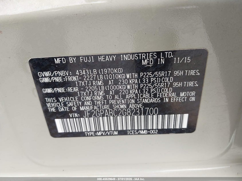2016 Subaru VIN JF2GPABC2G8231700 IAAI salvage auction — FRONT END, Salvage (Nebraska), sold $2,000 on 2026-07-30 (photo 9)