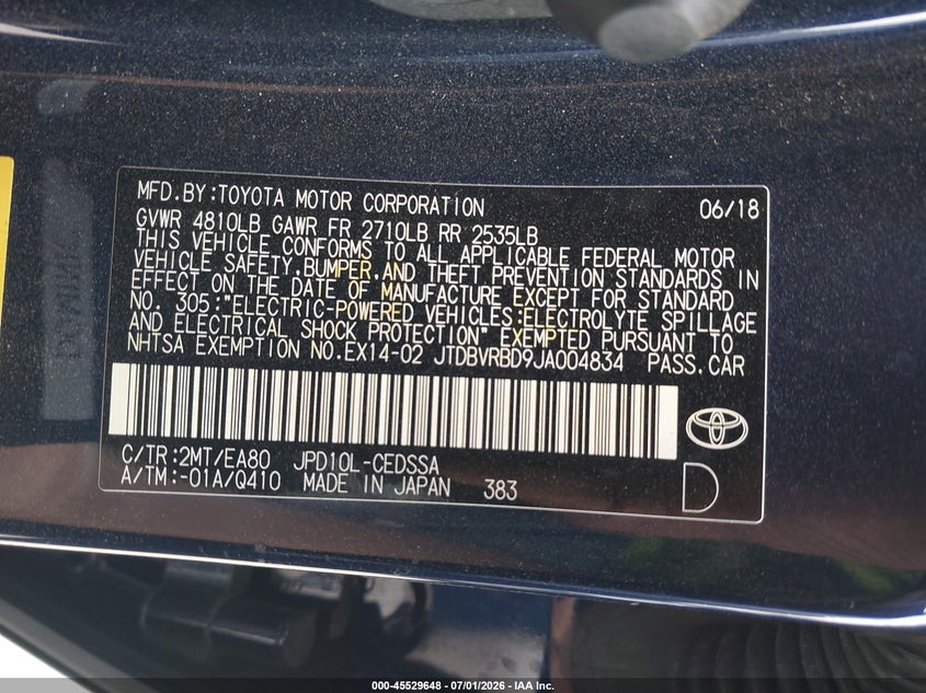 2018 Toyota Mirai VIN JTDBVRBD9JA004834 IAAI salvage auction — LEFT FRONT, Salvage (California), sold $25 on 2026-07-31 (photo 9)
