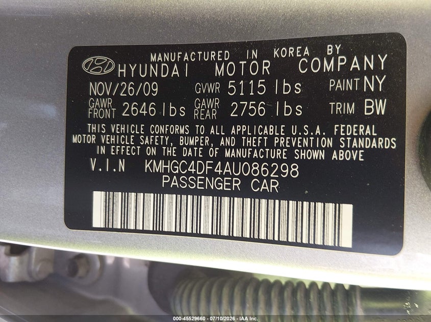2010 Hyundai Genesis VIN KMHGC4DF4AU086298 IAAI salvage auction — NORMAL WEAR, Clear (Arizona), sold $25 on 2026-07-21 (photo 9)