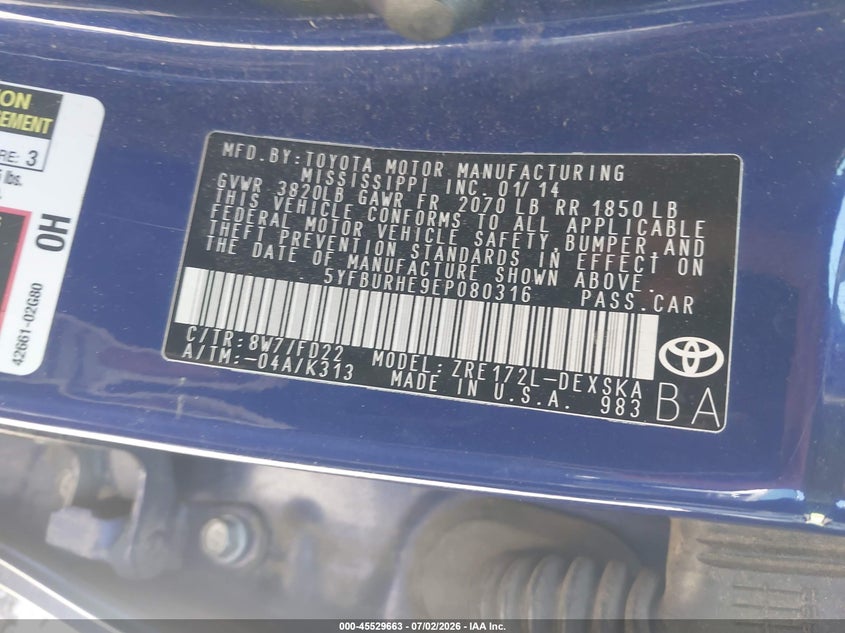 2014 Toyota Corolla VIN 5YFBURHE9EP080316 IAAI salvage auction — FRONT END, Salvage (California), sold $1,700 on 2026-07-14 (photo 9)