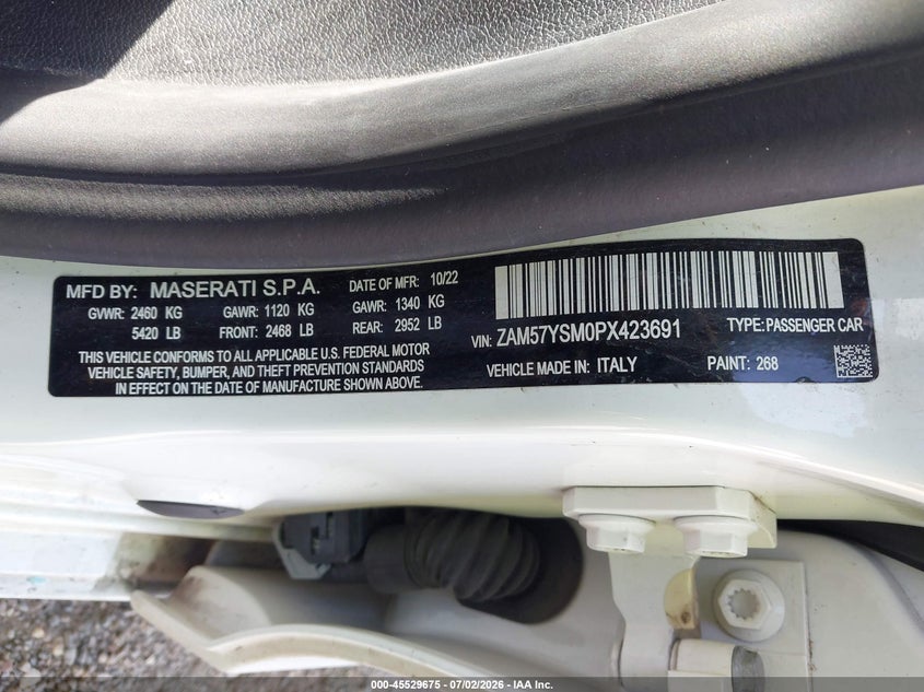 2023 Maserati Ghibli VIN ZAM57YSM0PX423691 IAAI salvage auction — WATER/FLOOD, Salvage (Texas), sold $8,200 on 2026-08-11 (photo 9)