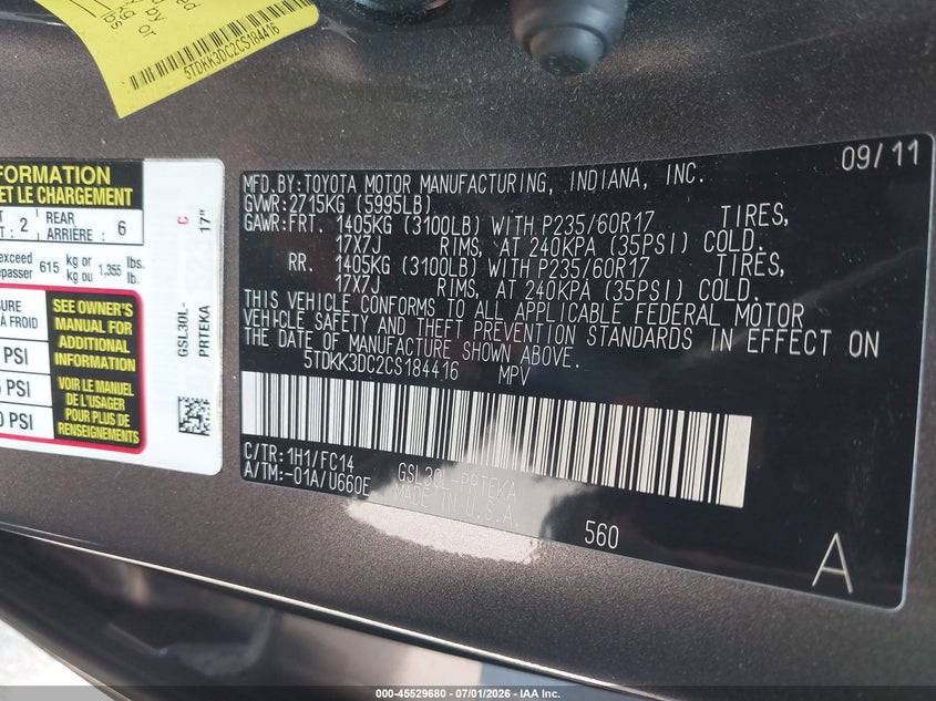 2012 Toyota Sienna VIN 5TDKK3DC2CS184416 IAAI salvage auction — FRONT END, Salvage (Connecticut), sold $1,550 on 2026-07-23 (photo 9)