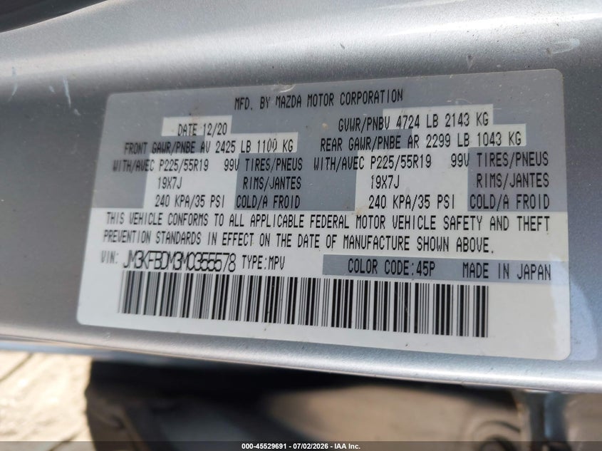 2021 Mazda Cx-5 VIN JM3KFBDM3M0355578 IAAI salvage auction — ROLLOVER, Salvage Title, sold $1,500 on 2026-07-26 (photo 9)