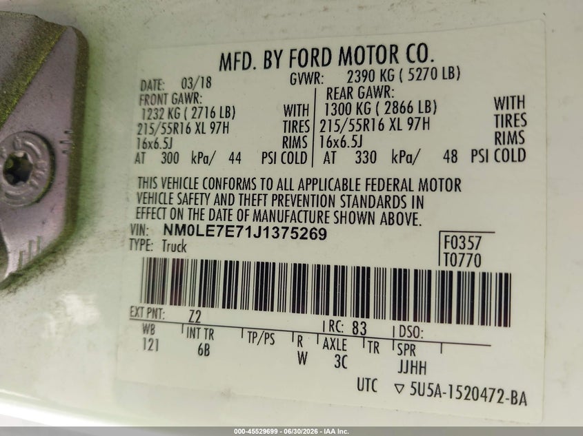 2018 Ford Transit connect VIN NM0LE7E71J1375269 IAAI salvage auction — NORMAL WEAR, Sf97 (California), sold $14,200 on 2026-07-30 (photo 9)