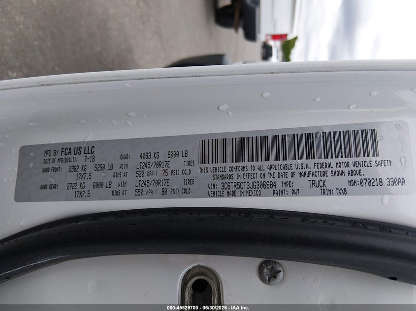 2018 Ram 2500 VIN 3C6TR5CT3JG306684 IAAI salvage auction — NORMAL WEAR, Sf97 (Oregon), sold $15,100 on 2026-07-29 (photo 9)