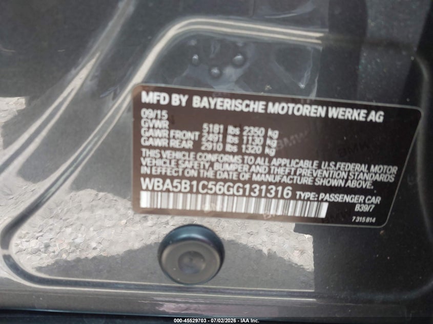 2016 BMW 5er VIN WBA5B1C56GG131316 IAAI salvage auction — ENGINE DAMAGE, Salvage (Texas), sold $3,550 on 2026-07-29 (photo 9)