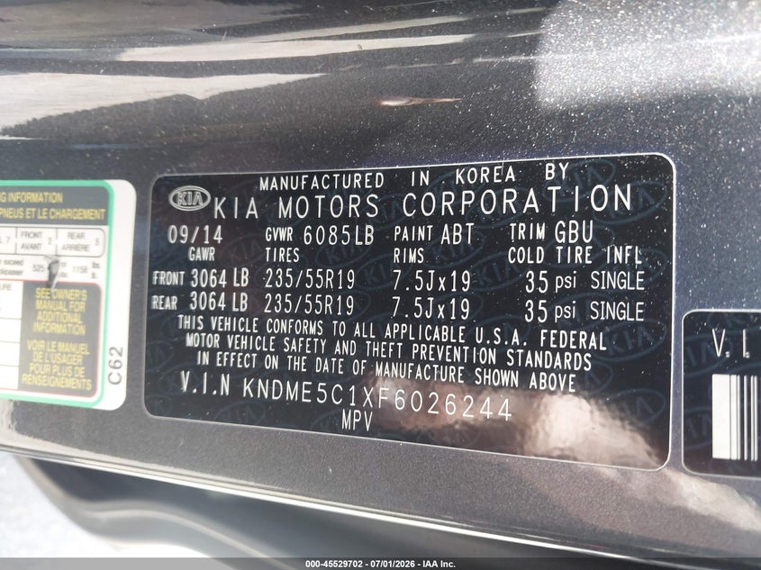 2015 Kia SEDONA VIN KNDME5C1XF6026244 IAAI salvage auction — NORMAL WEAR, Clear (Virginia), sold $1,100 on 2026-07-14 (photo 9)